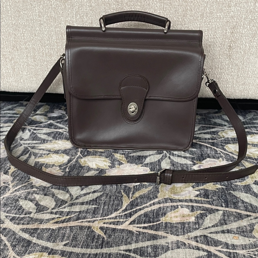 Brown Genuine Leather Bag Crossbody Top Handle Silver Accents Flap Turn lock